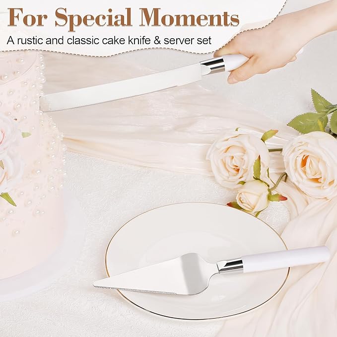 Cake Cutting Set for Wedding, Wood Cake Knife and Server Set, Vintage 2-Piece Pie Cake Cutter, White Pizza Dessert Utensils Bridal Anniversary Birthday Quincea챰era Gift (White)