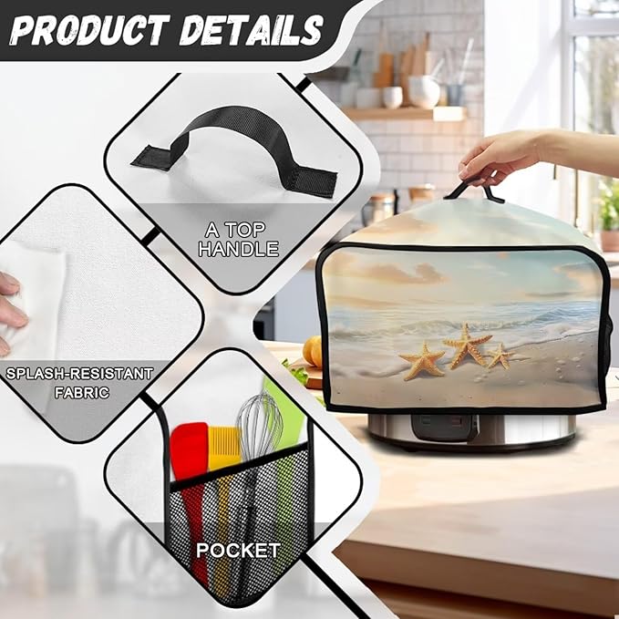 Slow Cooker Cover Dust Cover Oval Appliance Cover 6+ Quart Slow Cooker Beach Print Top Cover with Handles and Accessories Pocket