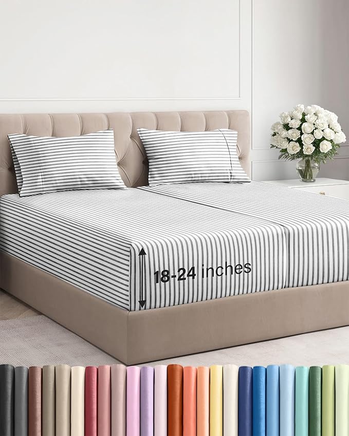 Extra Deep Pocket Split King Sheets - 5 Piece Breathable & Cooling Bed Sheets - Hotel Luxury Bed Sheet Set - Soft, Wrinkle Free & Comfy - Easily Fits Extra Deep Mattresses - Grey Striped Sheets Set