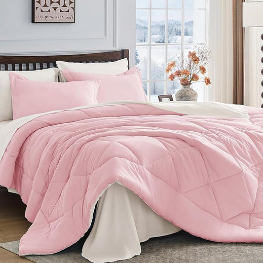 HEVUMYI Twin Comforter Set - 5-Piece All Season Bed in a Bag Twin, Ultra Soft Bedding Set with Comforter, Flat Sheet, Fitted Sheet, Pillowcases, Pillow Shams, Pink & Ivory
