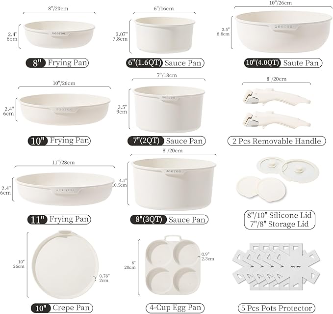 JEETEE Pots and Pan Set Non Stick 20 Pcs, Cookware Set Detachable Handle, RV Kitchen Cooking Set Removable Handles, Stackable Non-stick Set, Oven Safe, Beige