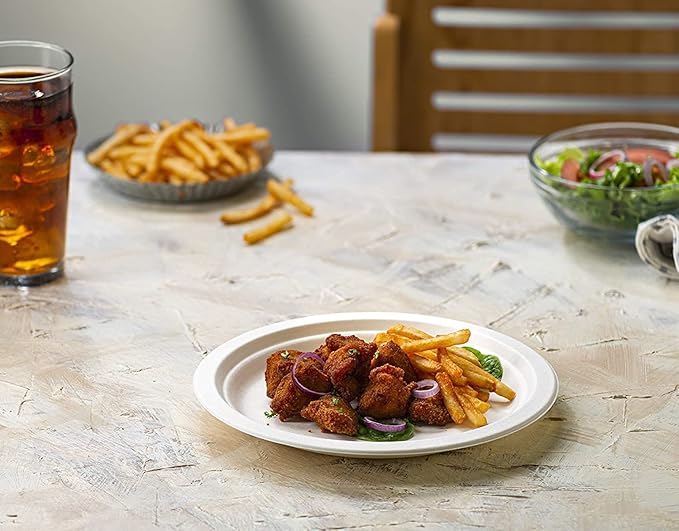 GUSTO [Case of 500 9 Inch Heavy-Duty White Paper Plates, 100% Compostable, Eco-Friendly - Biodegradable Disposable Plates, Sugarcane Paper Plates (Formerly Comfy Package)