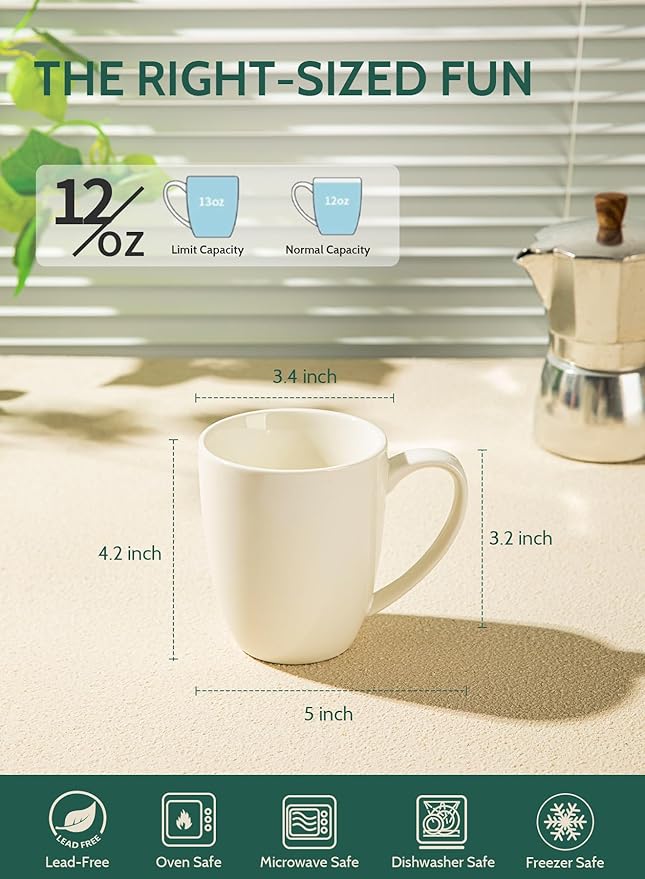 Sweese Porcelain White Coffee Mugs - 12 Ounce - Set of 6, Coffee Cups for Latte, Hot Tea, Cappuccino, Mocha, Cocoa, Festival Gift, Microwave Safe ﻿
