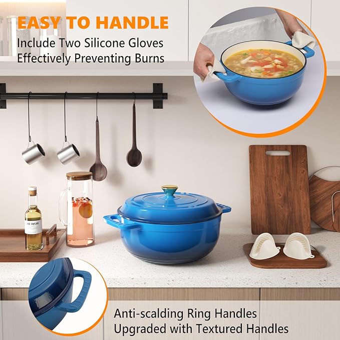 ROVSUN Enameled Cast Iron Round Dutch Oven, 6QT Pot with Lid &Dual Handles with Silicone Gloves,Oven Safe up to 500째F, Heavy-Duty Pre-Seasoned Cookware for Bread Baking, Braising, Stews, Roasting, Blue