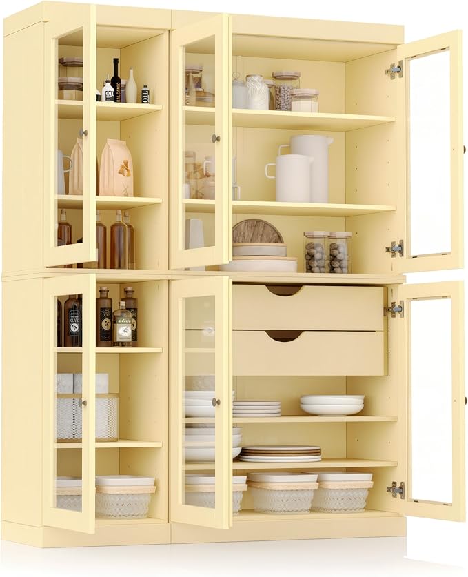 Palace Imports 100% Solid Wood 48.5" Pantry China Cabinet with Clear Glass Doors, 2-Drawers and Adjustable Shelves (Yellow)