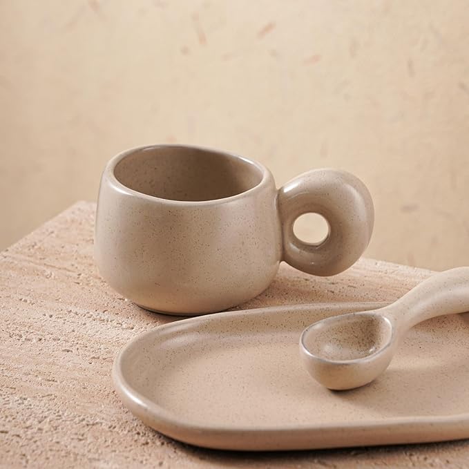 Uaral Ceramic Coffee Mugs Set,Cups Set with Saucer and Spoon for Coffee/Tea Break,Latte Breakfast.10oz Coffee Mug,8inch Ceramic Serving Tray and Spoon.3 Piece,Matte Cream