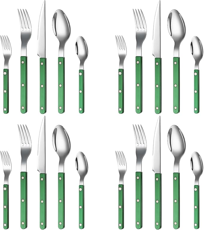 Khen Cutlery Set of 20, 18/8 Stainless Steel Flatware, Modern Silverware for Home, Kitchen, Dining & Table Setting for 4 ??Stainless Steel, Dishwasher Safe, Lightweight & Ergonomic Design Gift - Green