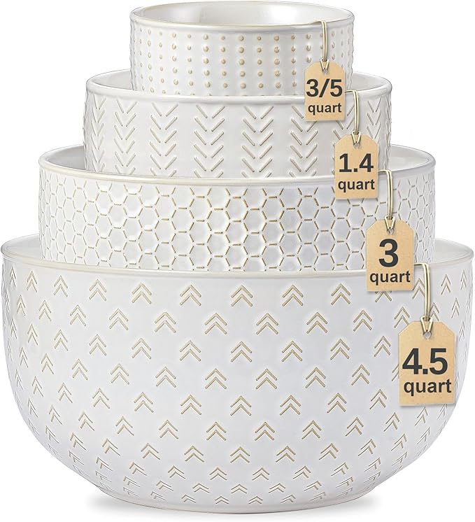 Lareina Ceramic Large Mixing Bowls Set of 4, Nesting Bowls for Cooking, Baking, Salad Etc, Serving Bowls Gift, Kitchen Stoneware, Oven, Microwave and Dishwasher Safe - 20/44/98/145 OZ, Ivory White