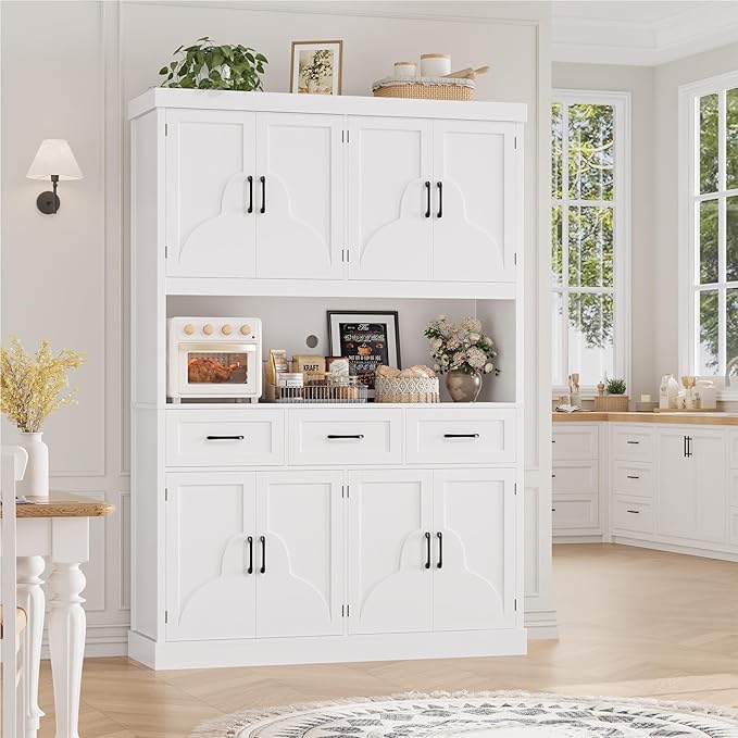 HITHOS 76" Tall Kitchen Pantry Storage Cabinet, 55??Wide Kitchen Hutch Cabinet with Storage Drawers, Large Food Pantry with Microwave Stand, Modern Cupboard with Hutch for Dining Living Room, White
