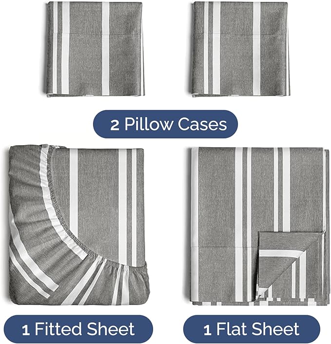 Twin 4 Piece Sheet Set - Cooling & Breathable Bed Sheets - Hotel Luxury Bed Sheets for Women, Men, Kids & Teens - Bedding w/Deep Pockets & Easy Fit - Soft & Wrinkle Free - Twin Grey Stripes Sheets