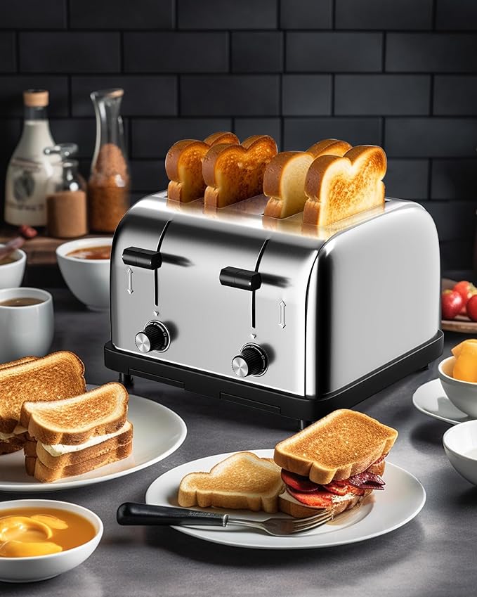 WantJoin Commercial 4-Slice Toaster, 1800W 225 Slices/Hour with 1.57 Inch Wide Slots, 6-Level Setting & Removable Crumb Tray, Stainless Steel for Restaurant Breakfast (Bread, Bagels)