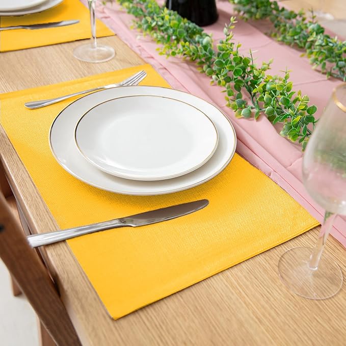 Rinpon Cloth Yellow Placemats Set of 8, Linen Type Fabric Placemats Machine Washable Heat Resistant Placemats Polyester Place Mats for Halloween, Thanksgiving and Christmas Dining Table (Yellow)