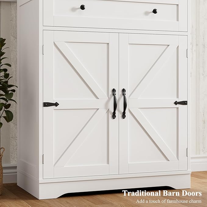 HOSTACK 71" Tall Pantry Cabinet, Farmhouse Kitchen Pantry with Storage Shelves, Barn Doors Food Storage Cabinet, Freestanding Kitchen Hutch with Large Drawer for Living Room, White + Rustic Brown