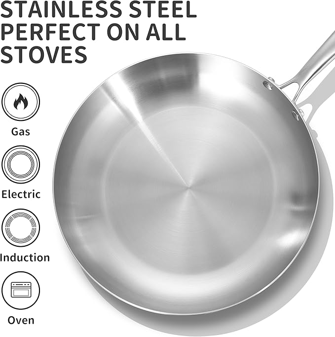 LOLYKITCH 8-12 Inch Tri-ply Stainless Steel Frying Pans Set with a Lid,Skillets,Induction Cooking Pans,Dishwasher and Oven Safe,Riveted Handle