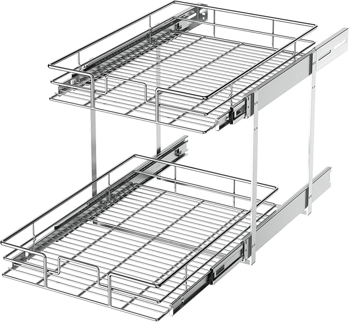 LOVMOR 2 Tier Individual Pull Out Cabinet Organizer 14쩍" W x 21쩍" D, Slide Out Kitchen Cabinet Storage Sliding Shelves