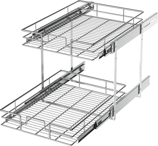 LOVMOR 2 Tier Individual Pull Out Cabinet Organizer 12쩍" W x 21쩍" D, Slide Out Kitchen Cabinet Storage Sliding Shelves
