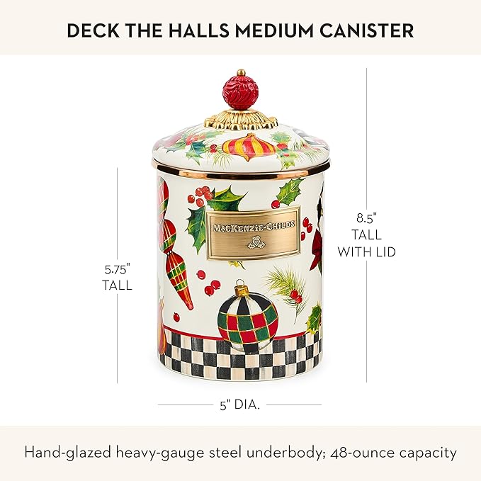 MACKENZIE-CHILDS Enamel Canister, Kitchen Storage Container with Lid, Medium, Deck the Halls