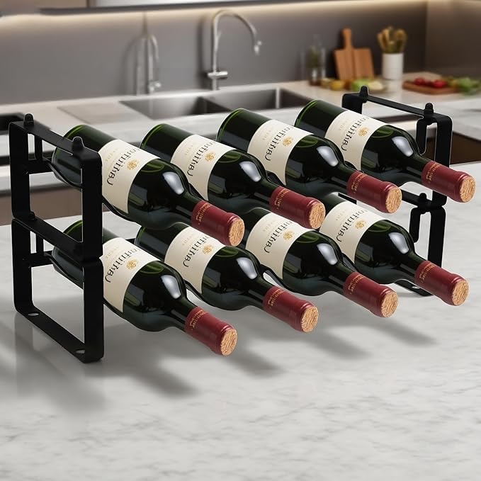 Small Wine Rack for 8 Bottles ??Expandable & Stackable Metal Wine Rack for Cabinet, Countertop, Floor, or Small Spaces ??Compact Wine Storage Shelf for Kitchen, Bar, or Pantry (2 Tier, Black)