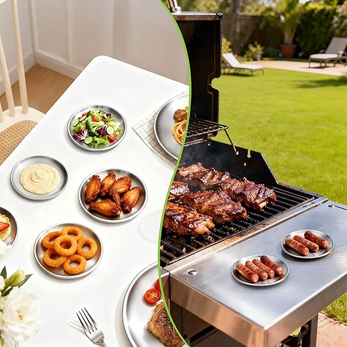 Stainless Steel Plates, 4 Set 6.7 inch Mini 201 Metal Food Serving Plate, Reusable Snack Eating Dishes Round Brushed Finish Silver Dinnerware Dish for BBQ Dinner Oven Dishwasher Safe