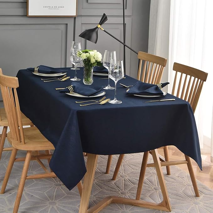 maxmill Jacquard Table Cloth Waving Pattern Water Proof Wrinkle Free Heavy Weight Soft Tablecloth Decorative Fabric Table Cover for Outdoor and Indoor Use Rectangular 60 x 104 Inch Navy Blue