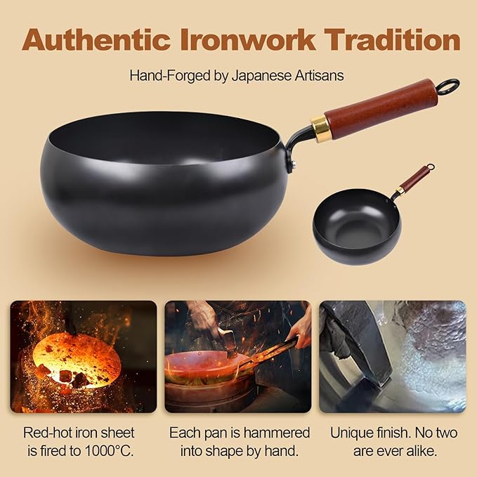 Suntuup Japanese Iron Pan, 9.45 Inch Hand-Forged Uncoated Irons Pan with Wooden Lid, Non-Stick Without Coating, Rust-Free Durable Thick Iron Pot for Gas, Electric Cookers, Induction