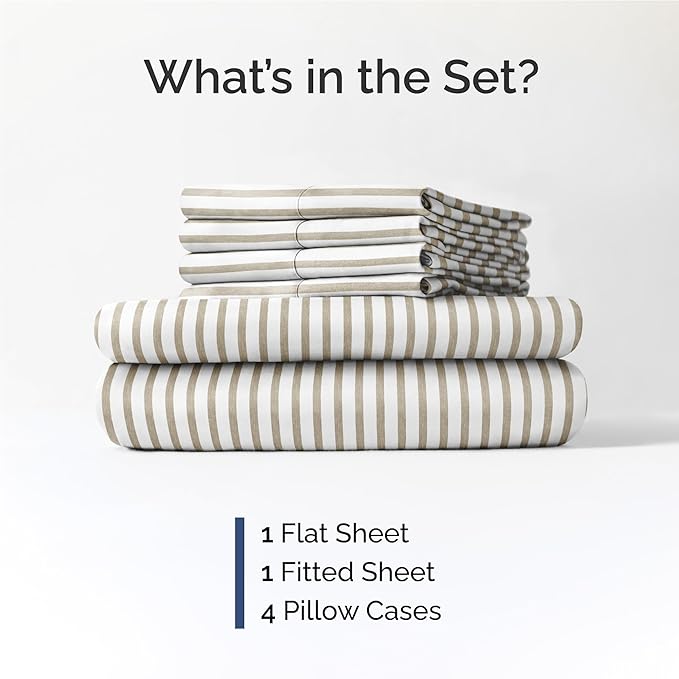 Full 6 Piece Sheet Set - Cooling & Breathable Bed Sheets - Hotel Luxury Bed Sheets for Women, Men, Kids & Teens - Bedding w/Deep Pockets & Easy Fit - Soft & Wrinkle Free - Full Beige Stripes Sheets