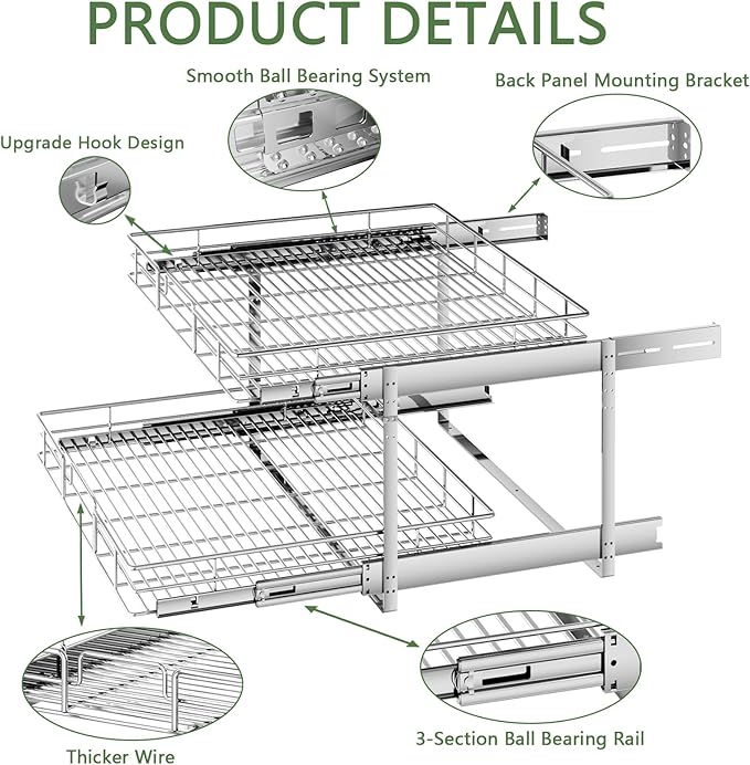 2 Tier Individual Pull Out Cabinet Organizer 28쩍" W x 21쩍" D, Heavy Duty Cabinet Pull Out Shelves, Slide Out Drawers Organization for Kitchen Cabinets Bathroom