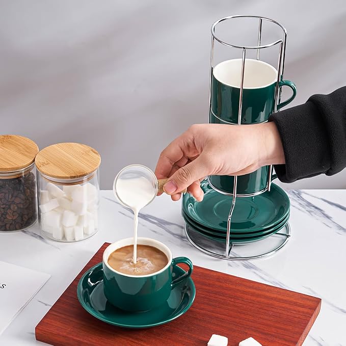 8oz Porcelain Cappuccino Cups with Saucers and Metal Stand, Stackable Coffee Cups for Specialty Coffee Drinks, Cappuccino, Latte, Espresso, Americano and Tea - Cups Set of 4, Green