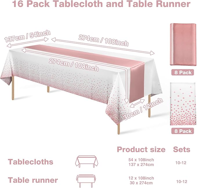 Disposable Plastic Tablecloth (White and Rose Gold Dot) And Satin Table Runner (Rose Gold) Set for Wedding Birthday Baby Shower Anniversary Christmas New Year Party, 16 Pack