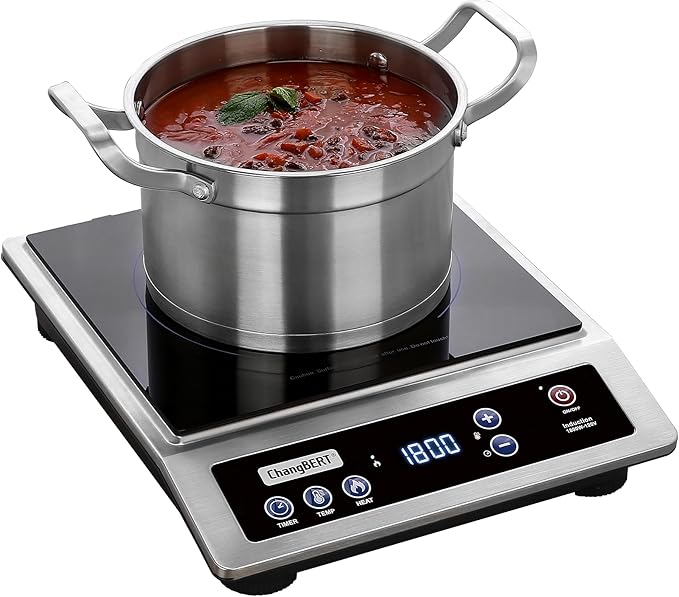 ChangBERT Induction Cooktop, Commercial Grade Portable Cooker, Large 8??Heating Coil, Premium Stainless Steel Countertop Burner with NSF Certified, 10 Hours Timer Powerful 1800W Professional Hot Plate