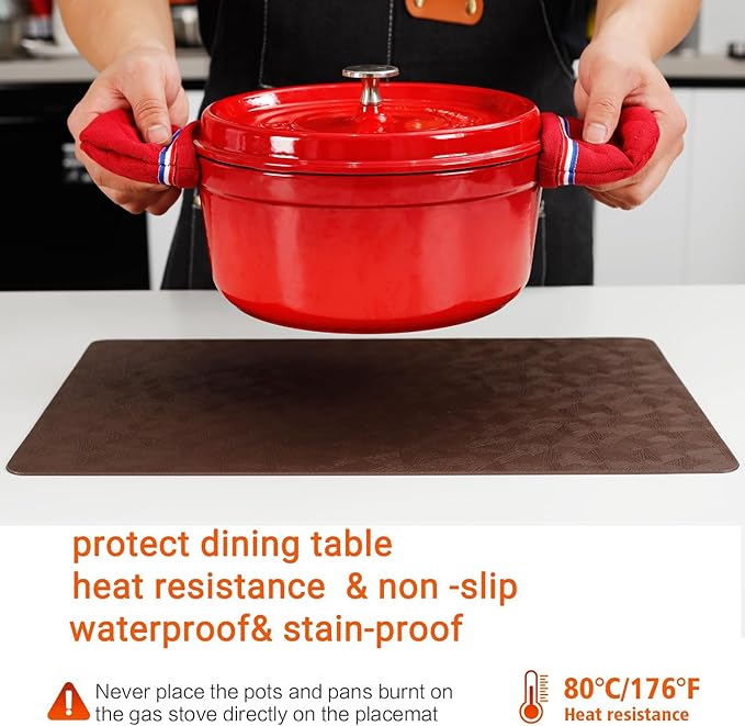 Bxzandya Vinyl Placemats Set of 12 Heat Resistant Easy Clean Non-Slip Place Mats for Dining Table Faux Leather Waterproof Stain Resistant Wipeable Washable PVC Table Mats(12, Brown)
