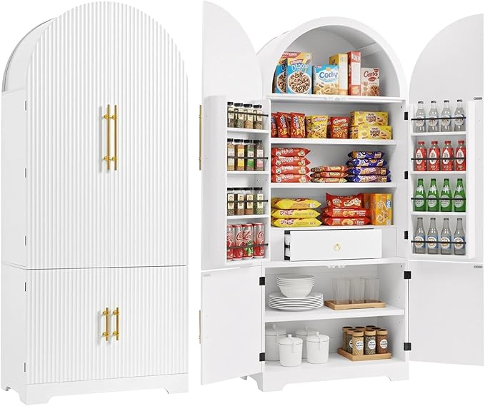 72" Tall Arched Kitchen Pantry Cabinet, Fluted Storage Cabinets with Hidden Drawer and 3 Adjustable Shelves, Cupboard with Door Shelves for Kitchen, Dining and Bathroom, White