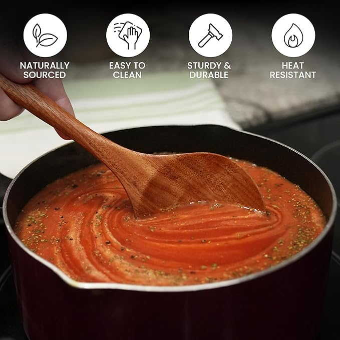 Zulay Kitchen 9.4" Teak Wooden Cooking Spoon ??Durable, Non-Stick Wooden Utensil for Cooking, Stirring, Mixing & Serving ??Heat-Resistant, Smooth Finish Kitchen Spoon for Nonstick Cookware