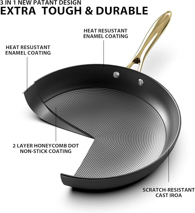 10 inch Cast Iron Non Stick Frying Pan, Honeycomb Skillet for Even Heating, Durable Nonstick Fry Pan with Stay Cool Handle, Ideal for Induction Compatible, Best Gift for Home Cooks