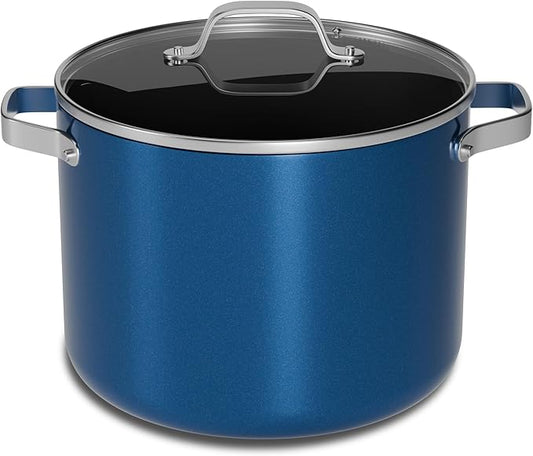 Bakken 12.5 Quart Ceramic Coated Stock Pot with Lid, Easy Clean Nonstick Pot, Tempered Glass Lid, Riveted Stainless Steel Handles, Oven Safe Up To 500째F, PTFE & PFAS Free, All Stove Compatible, Blue