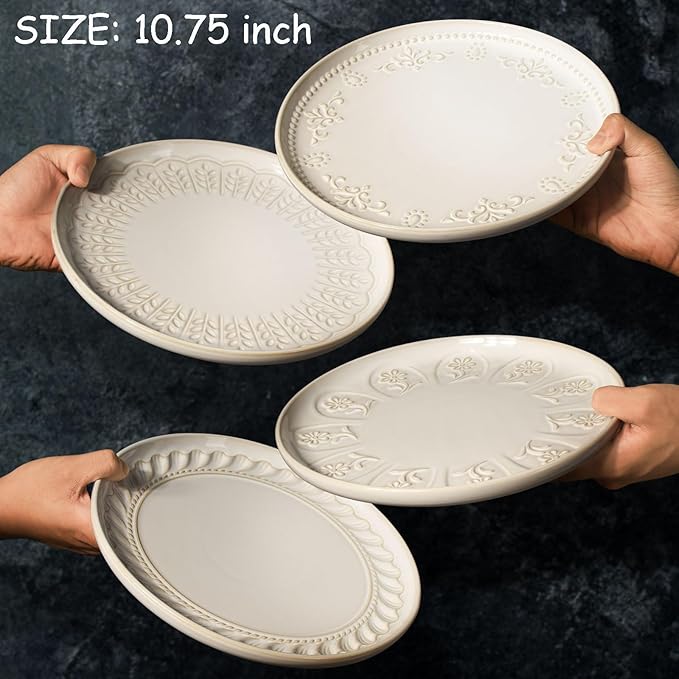 Artena Large Ceramic Dinner Plates Set Of 4, 10.75 Inch Embossed Kitchen Salad Plates, Modern Serving Plates For Restaurant, Plates With Lipped Edges, Microwave Dishwasher Safe (Pinwheel Flower)