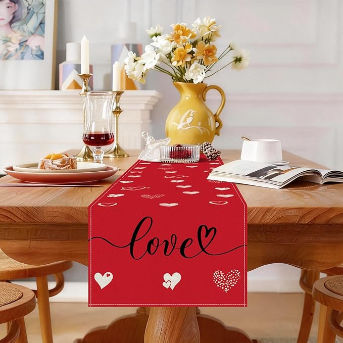 Valentines Day Table Runner 13x108 Inch, Love Hearts Valentine Table Runner, Anniversary Home Kitchen Dining Table Holiday Party Decorations (Red)
