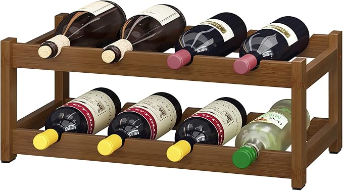 BAMEOS Bamboo Wine Rack, 2 Tier Wine Racks Countertop Storage, Wine Bottle Holder Wine Rack freestanding Floor for Kitchen, Bar, Pantry, Wine Cellar, Basement,Study竊똌aroon (16.85 L x 9.25W x 7H)
