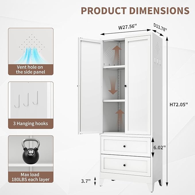 Kitchen Pantry Storage Cabinets with Drawers, 72" Tall Kitchen Cupboard Metal Pantry Cabinet with Adjustable Shelves, for Home Office Living Dining Room, Assembly Required(White)