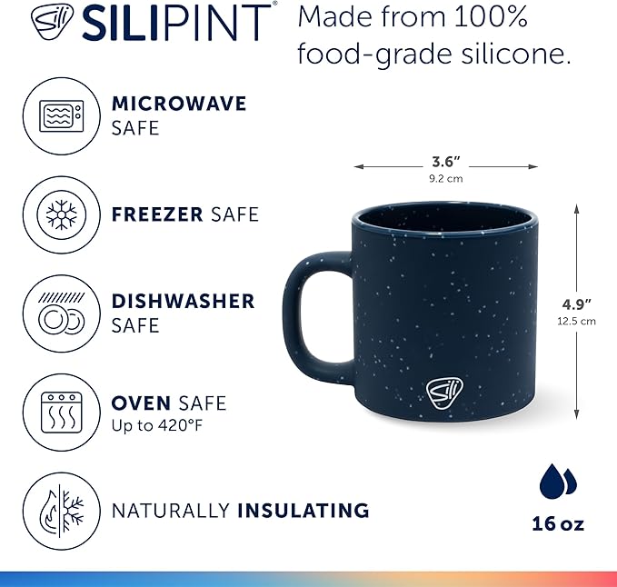 Silipint 16oz Silicone Coffee Mug ??Unbreakable Dishwasher Safe Microwave Oven & Freezer Compatible Travel Mug ??Non-Toxic Reusable Cup for Hot Coffee Tea or Cold Drinks (Speckled Blue)