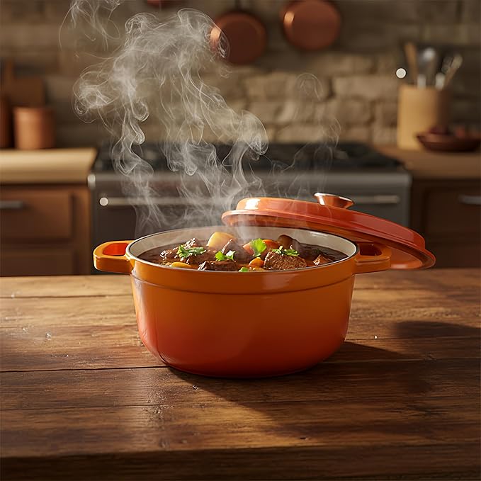 Enameled Cast Iron Dutch Oven with Lid, Orange, Round, 4Quart, Heat-Resistant Handles, for Cooking, Baking (Orange, 24CM)
