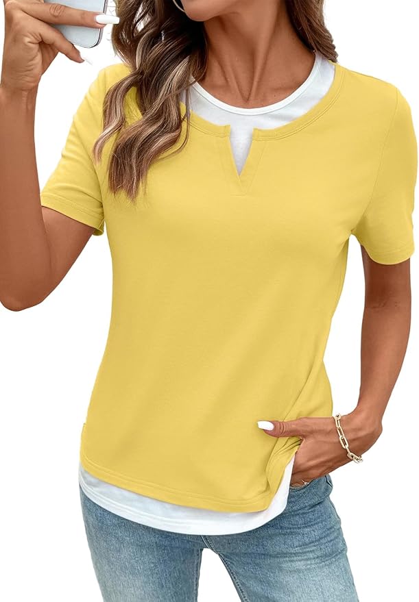 SHEWIN Womens Tops Casual Crewneck Color Block Short Sleeve Mock Double Layer T-Shirt Summer Outfits for Women 2026