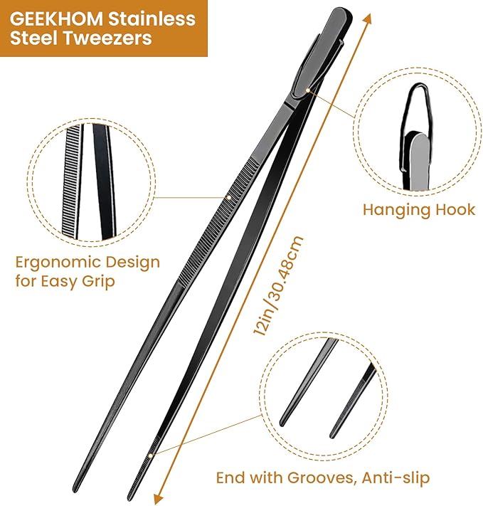 GEEKHOM Heavy Duty 12-Inch Metal BBQ Tongs: 4-Piece Commercial Grade Stainless Steel for Grilling & Turning (Black)