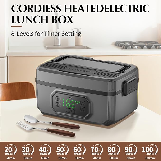 RYALNTC Electric Lunch Box for Adults with Timer - 1.6L Cordless Electric 24000mAh Battery-Powered Heated,5-Sided Heating & Smart Reservation - Portable Heated Lunch Box for Office, Truck, Camping