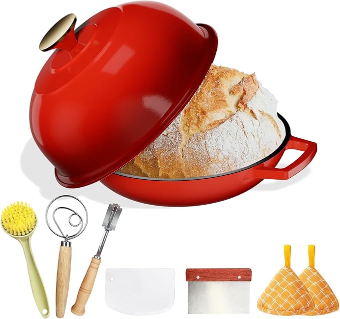 YUTANN Cast Iron Bread Baking Dutch Oven - Enameled Cast Iron Oven Pot with Dome Lid,5QT Bread Baker for Perfect Crust,Oven Safe to 500째F,Classic Red