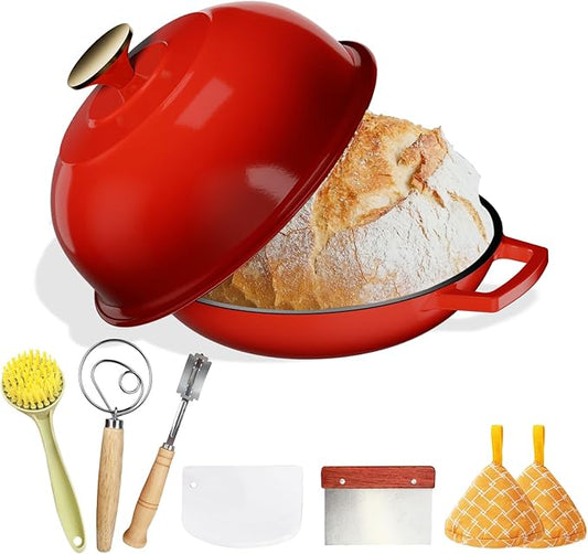 YUTANN Cast Iron Bread Baking Dutch Oven - Enameled Cast Iron Oven Pot with Dome Lid,5QT Bread Baker for Perfect Crust,Oven Safe to 500째F,Classic Red
