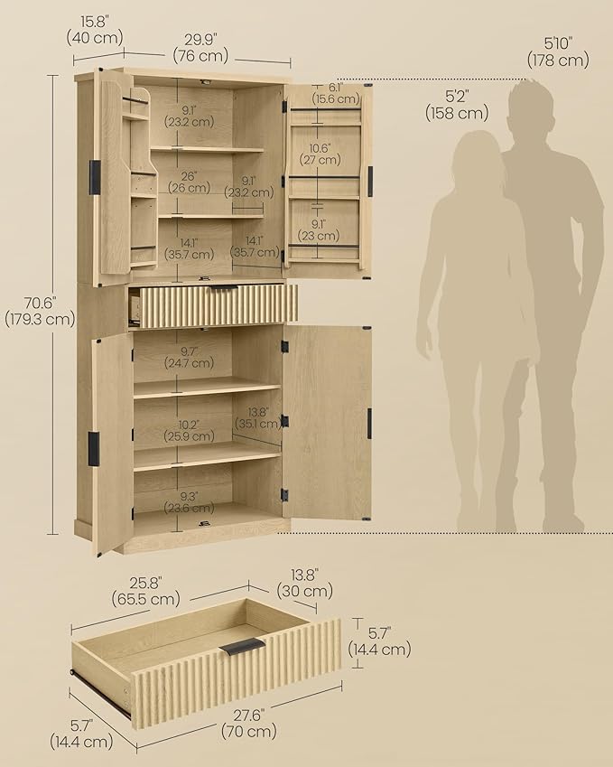 VASAGLE MAXE Collection - Pantry Cabinet, 70.6-Inch Tall Storage Cabinet with Drawer, 6 Adjustable Shelves, 2 Cabinets, Fluted Doors, Mid Century Modern, for Kitchen Living Room, Oak Beige UBBK365Y01