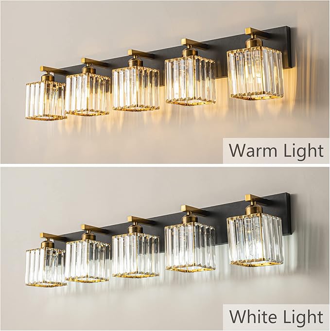 Modern Bathroom Vanity Light 5-Lights Black Gold Crystal Bathroom Wall Light Vanity Light Fixturesï¼?6.22-inch Modern Minimalist Design