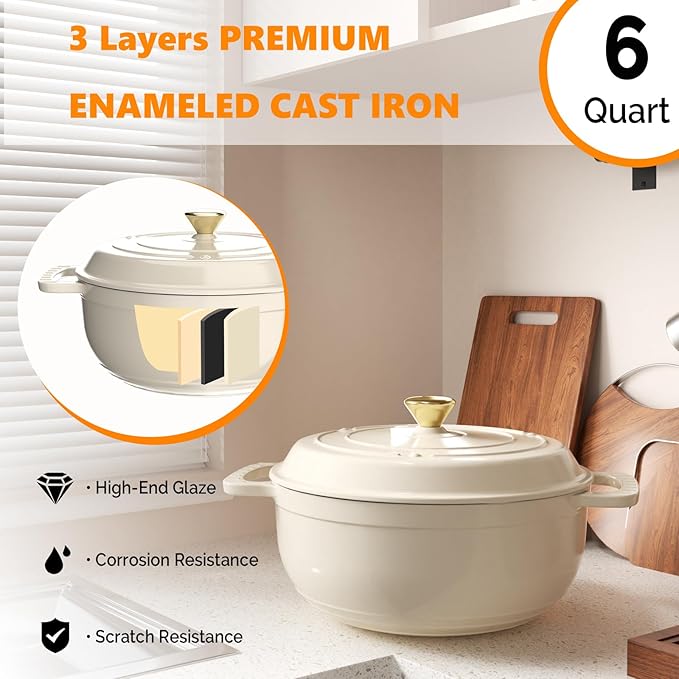 ROVSUN Enameled Cast Iron Round Dutch Oven, 6QT Pot with Lid &Dual Handles with Silicone Gloves,Oven Safe up to 500째F, Heavy-Duty Pre-Seasoned Cookware for Bread Baking, Braising, Stews, Roasting, Cream White