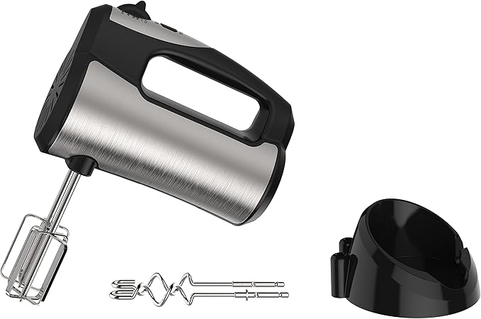 Courant 5-Speed Hand Mixer, Stainless Steel w/Turbo Function, Neat Storage Stand, Includes Set of Beaters & Dough Hooks, Perfect for Baking and Cooking - COUCHM1580ST (Silver)